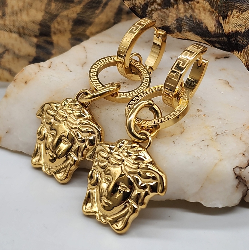 Authentic Versace La Medusa Greca Large Medusa Head Hoop 14K Gold Plated